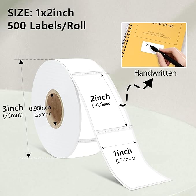 1X2 inch Label Stickers Roll for Thermal Printer 500PCS White Colored Removable Freezer Labels Waterproof Blank Sticker Labels to Write on for Food Containers and Jars