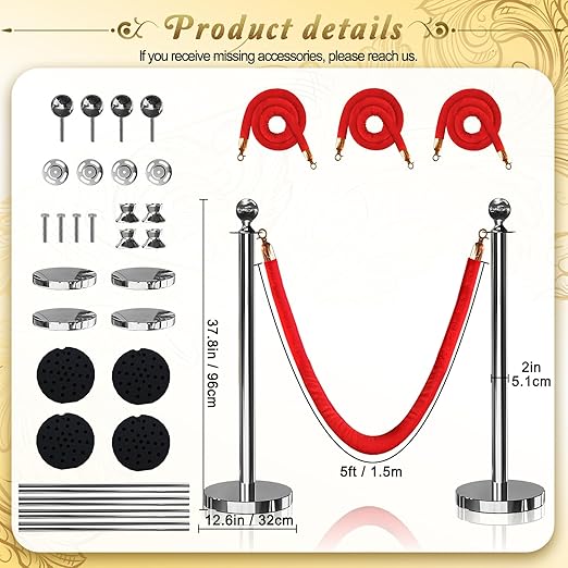 4PCS Silver Stanchions Posts with 3PCS 5 ft Red Velvet Rope, Red Velvet Rope Stanchion Set Crowd Control Barriers, Stanchions and Velvet Ropes Red Carpet Poles for Party Supplies