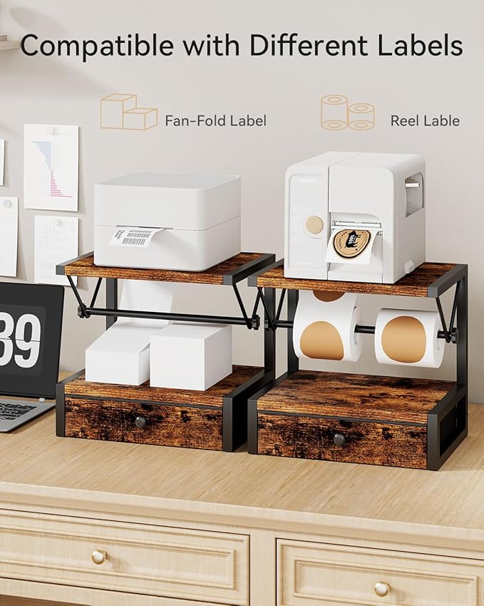 IBUYKE Label Holder for Rolls and Fan-Fold Labels,Wooden Thermal Shipping Label Stand With Drawer Desktop Printer Holder for Home, Office, Small Business,Brown TPS003H