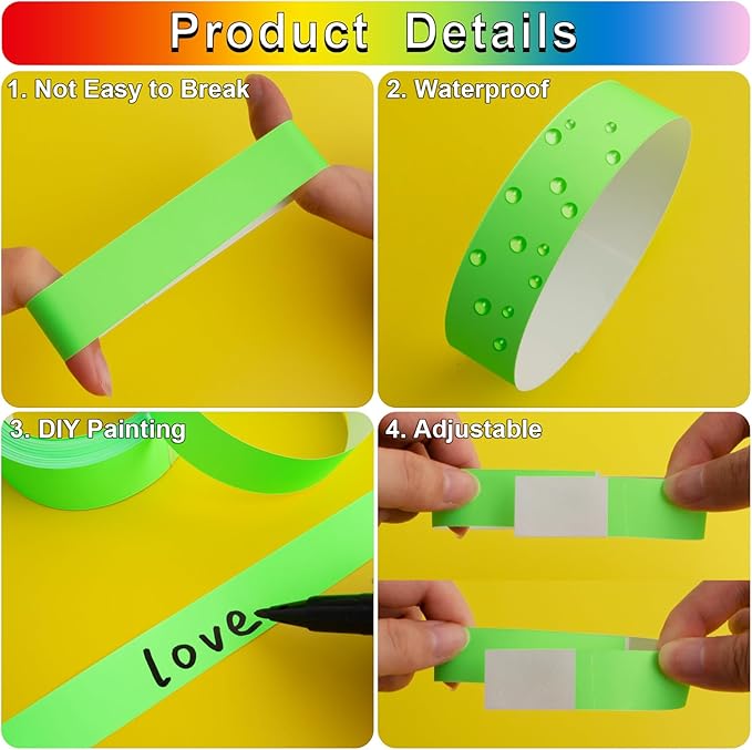 1200 Pcs Plastic Paper Wristbands for Events Neon Color Wrist Bands Concert Identification Wristbands Paper Bracelets Wristbands Party Hand Bands (Fluorescent Green)
