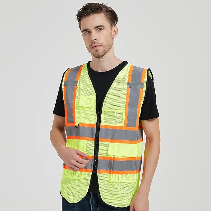 Safety Vest Reflective High Visibility with 5 Pockets ＆Zipper Class 2 Adult Unisex Construction Security Workwear