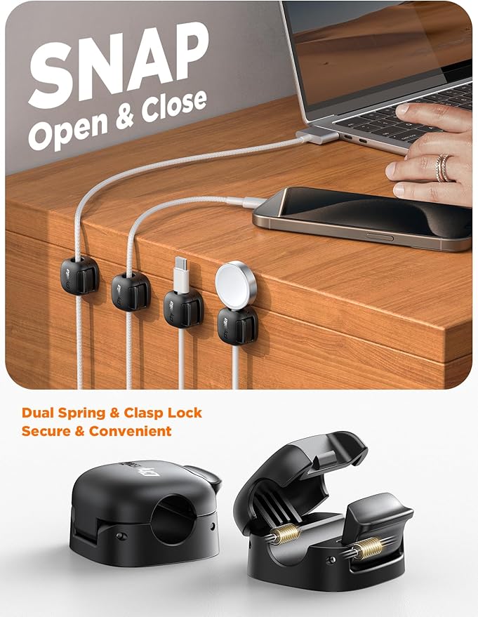 6Pack Cord Organizer - Chfeila [Dual Spring & Clasp Lock] Cable Management Clips, Adhesive Phone Charger Keeper, Compact Wire Holder for Nightstand/Car, Home Office Desk Accessories Decor Essentials