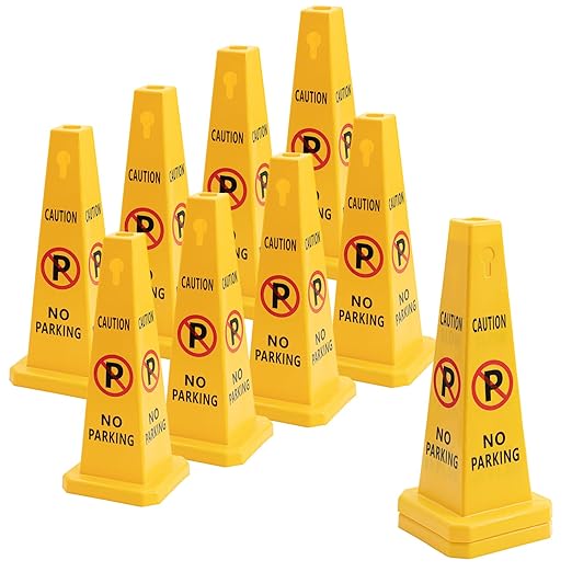 10 Pack No Parking Cones 26.38 Inch Four Sided Visibility Traffic Safety Cone No Parking Sign Floor Standing Yellow for Lawn, Driveway, Garage, Yard, Fire Lane, Construction, Street