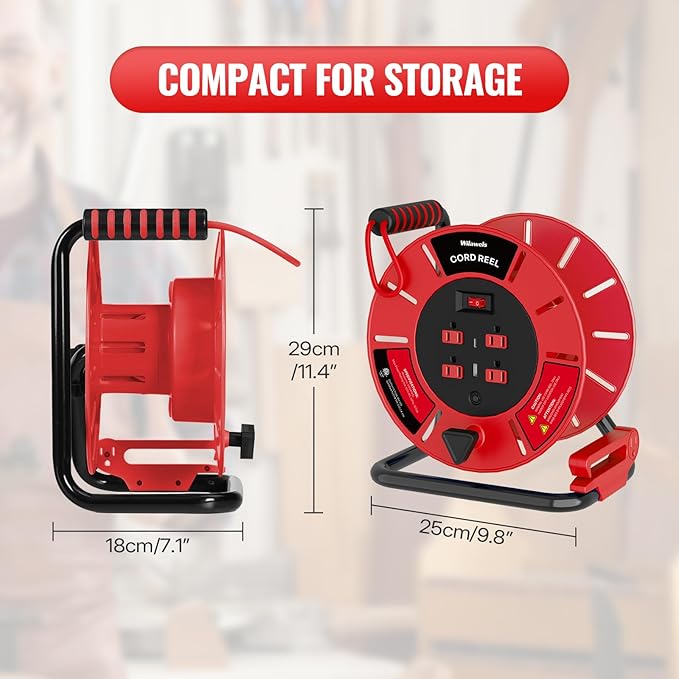 Extension Cord Storage Reel with 4-Grounded Outlet & 2 USB Port, 15A Circuit Breaker, Heavy Duty Open Cord Reel for 12/3,14/3 Gauge Power Cord, Hand Wind Retractable, ETL Listed Red R85CR06