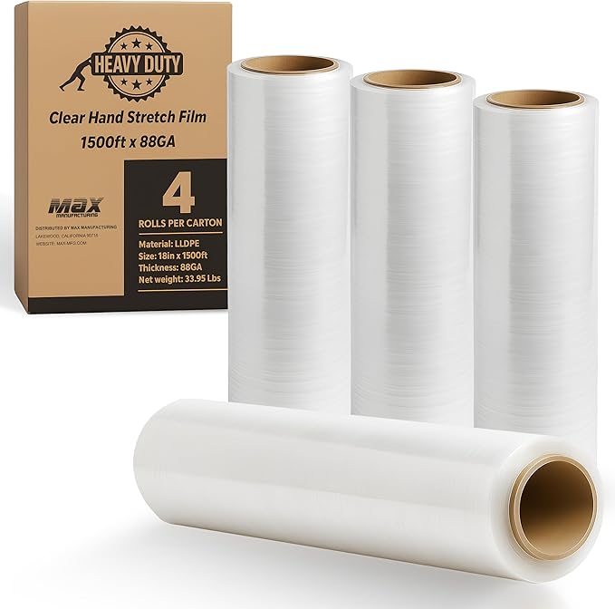 Heavy Duty 18" Shrink Wrap Roll – Clear Stretch Wrap for Moving & Packing | 7 Layer 80 Gauge Industrial Strength 1500 Ft Length 20 Micron Thick Up to 800% Stretch | Box of 4 Rolls