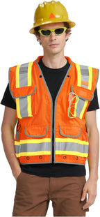 AYKRM Heavy Woven cotton High Vis Reflective work construction safety vest for men Class 2 with ipad Cargo Pockets