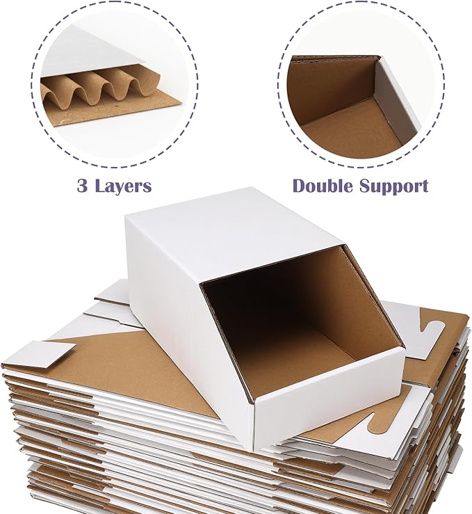 EXYGLO Stackable Cardboard Storage Bins 30 Pack, 12x6x4.5 Inch Cardboard Boxes with Lid, Corrugated Organizer Bins for Pantry, Shelves, Garage, Office, Shop, White