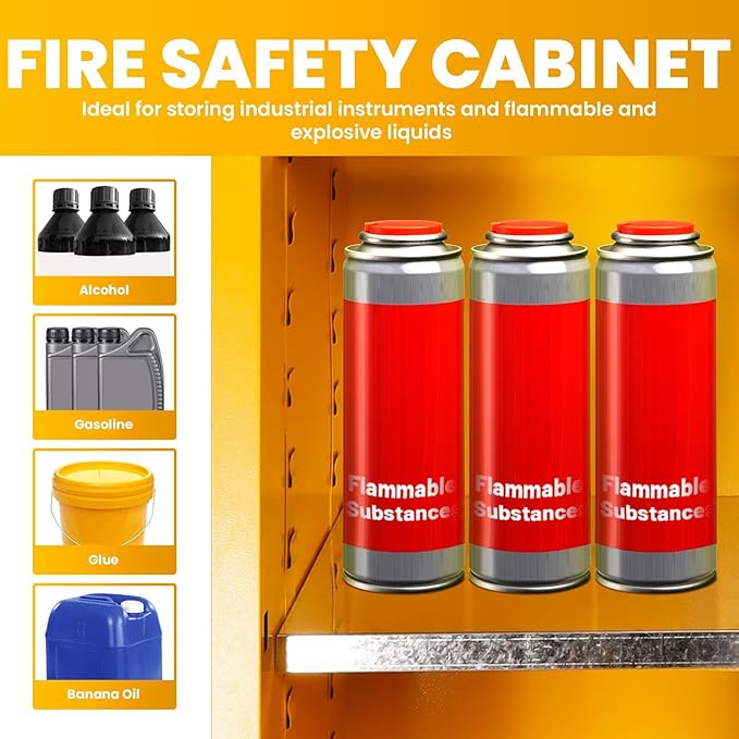 90 Gallon Yellow Flammable Storage Cabinet, Fireproof Steel Chemical Storage Locker with Adjustable Shelves, for Flammable Liquids, Industrial Use, Free Returns!