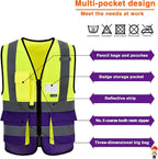 A-SAFETY Reflective Safety Vest, Hi Vis 9 Pockets High Visibility Zipper Front Safety Vest, Yellow&Purple Color Mixed, L