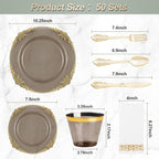 350PCS Clear Black Plastic Plates for 50 Guests, Disposable Plates with Gold Trim include 50 Dinner and Dessert Plates, 150 Gold Silverware, 50 Cups, 50 Napkins for Party & Graduation
