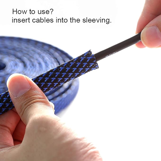 100ft - 1 inch PET Expandable Braided Sleeving – BlackBlue – Alex Tech Braided Cable Sleeve