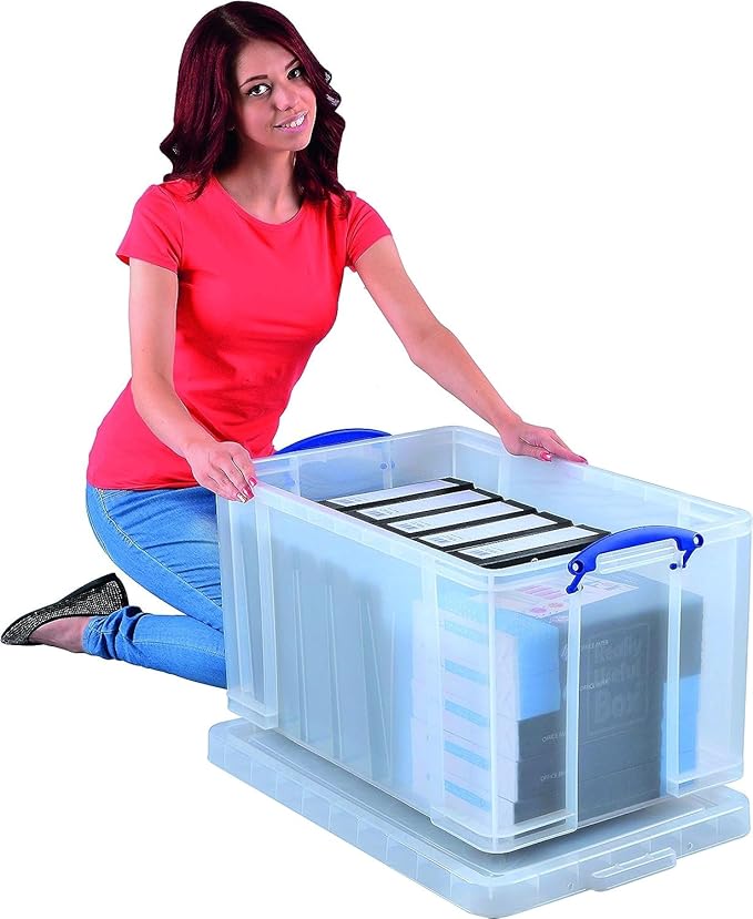 Really Useful Box 84 Liter Plastic Stackable Storage Container with Snap Lid & Built-In Clip Lock Handles for Home or Office Organization, Clear
