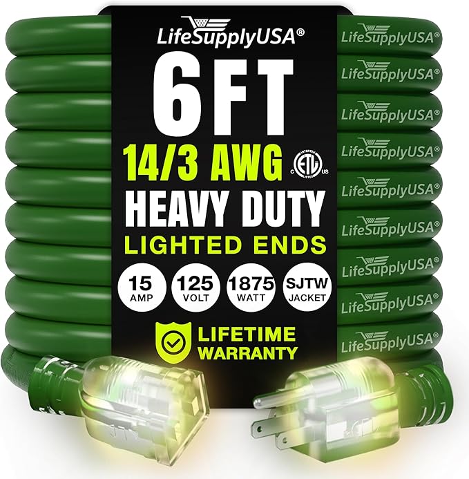 6ft Outdoor/Indoor Extension Cord 14/3 Gauge Heavy Duty 3 Prong SJTW, Waterproof, ETL Listed, Flexible Cold-Resistant Long Power Cord,15A 125V 1875W, Green by LifeSupplyUSA