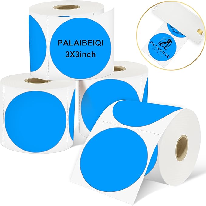 3 X 3 Inch Round Thermal Labels Circle Color Coding Labels Printable Waterproof 500PCS Round Stickers Adhesive Writable for Home, Garage, DIY Sticker, Barcodes,4 Rolls of Fluorescent Blue