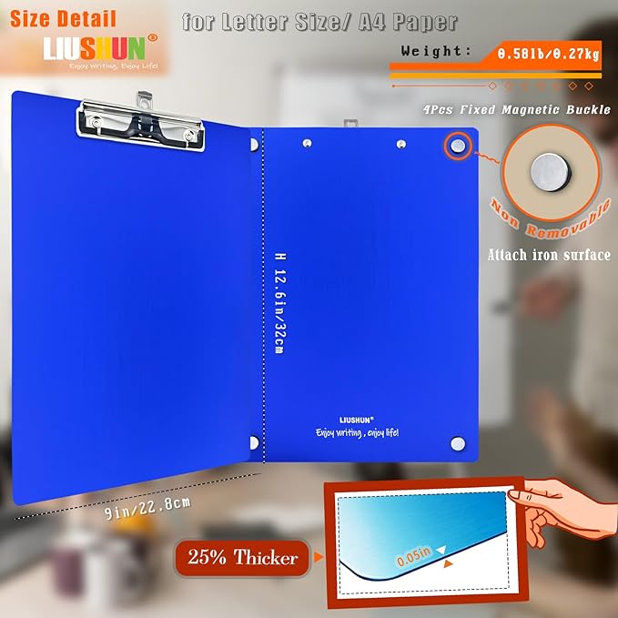 Aluminum Magnetic Clipboard A4 Metal Strong Fixed Magnet Message Clip Board Stainless Hangable w/Pen Holder Letter 9" x 12.6" for School Office Forklift Factory Workshops Garage Wharf Supplies (Blue)