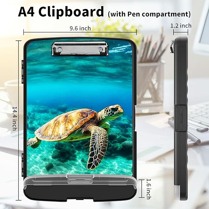 Clipboard with Storage High Capacity Plastic Nursing Clipboards with Pen Holder File Folder Storage Box Clipboard with Heavy Duty Clips for Teacher,Doctor,Offices-Sea Turtle