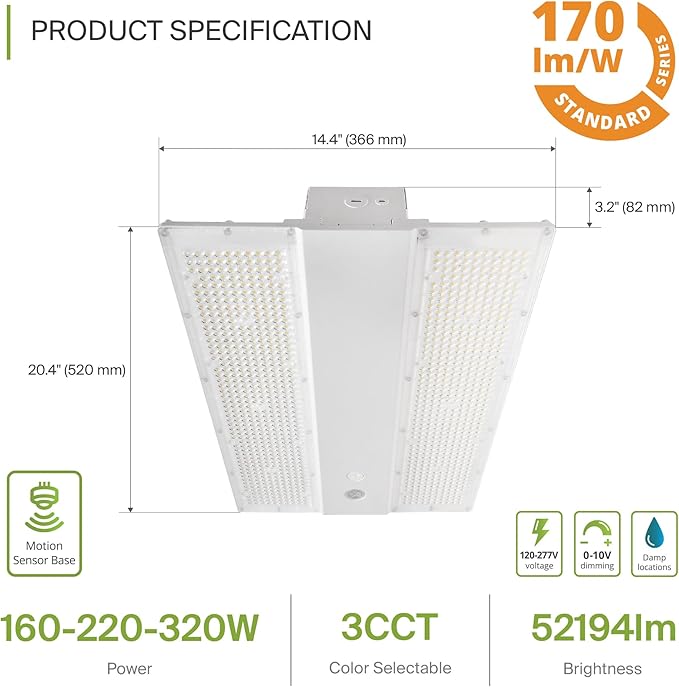 ASD LED Linear High Bay Light Fixture, Commercial Shop Lighting | 3CCT, Dimmable, Power Adjustable, DLC Premium, UL Listed | 320W 52000LM 3500-5000K 100-277V | Warehouse, Garage, Workshop Lamp | White