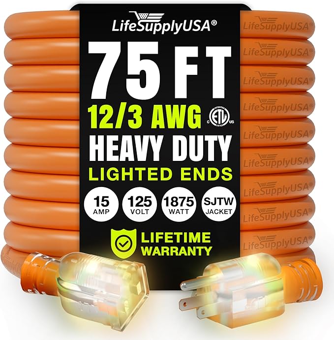 75ft Outdoor/Indoor Extension Cord 12/3 Gauge Extra Heavy Duty 3 Prong SJTW, Waterproof, ETL Listed, Flexible Cold-Resistant Long Power Cord,15A 125V 1875W, Orange by LifeSupplyUSA