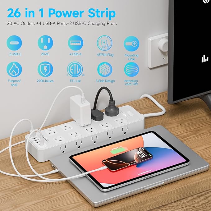Flat Plug Power Strip Surge Protector with 20 AC Outlets 6 USB Chagring Ports, 1875W/15A, 2700J, Heavy Duty Extension Cord 6 Ft for Home, Office, Dorm, Gaming,ETL Listed (White, 6FT)