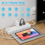 Flat Plug Power Strip Surge Protector with 20 AC Outlets 6 USB Chagring Ports, 1875W/15A, 2700J, Heavy Duty Extension Cord 6 Ft for Home, Office, Dorm, Gaming,ETL Listed (White, 6FT)