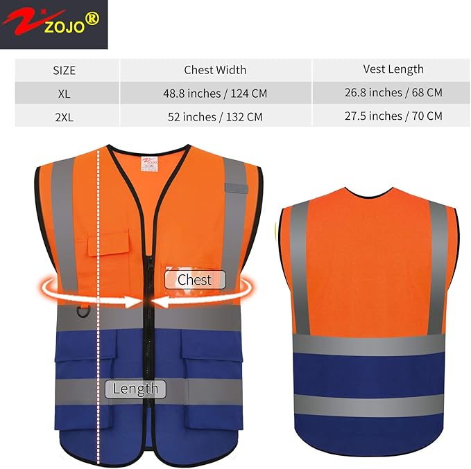 zojo High Visibility Safety Vests With Pockets, Pack of 10,Wholesale Reflective Vest for Outdoor Works, Cycling, Jogging, Walking,Sports - Fits for Men and Women(XL-Mix Orange & Blue)