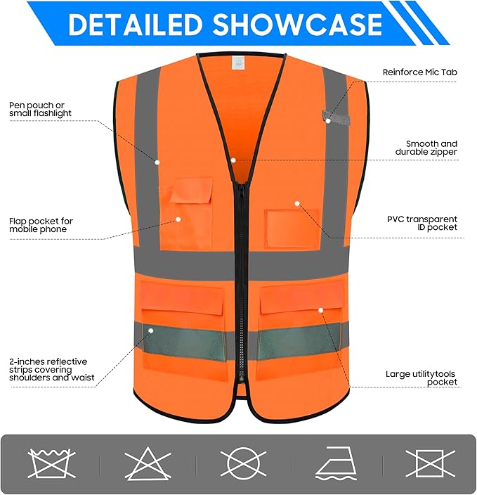 Reflective Safety Vest for Men Women with 5 Pockets and Zipper Front High Visibility Construction Vest Meets ANSI/ISEA Standards
