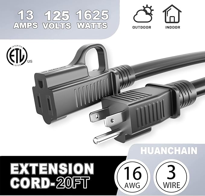 HUANCHAIN Indoor Outdoor Black Extension Cord, 50 ft 16/3 Gauge 2 Pack, Flame Retardant, Flexible 3 Prong Electric Cord, 13A 1625W 16AWG SJTW, Outdoor Waterproof Cord, ETL