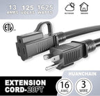 HUANCHAIN Indoor Outdoor Black Extension Cord, 50 ft 16/3 Gauge 2 Pack, Flame Retardant, Flexible 3 Prong Electric Cord, 13A 1625W 16AWG SJTW, Outdoor Waterproof Cord, ETL