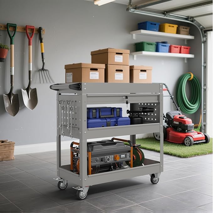 3 Tier Rolling Tool Cart on Wheels, 450 LBS Capacity Tool Cart with Drawers, Heavy Duty Rolling Utility Cart on Wheels, Rolling Tool Work Carts for Garage, Warehouse and Repair Shop,Grey