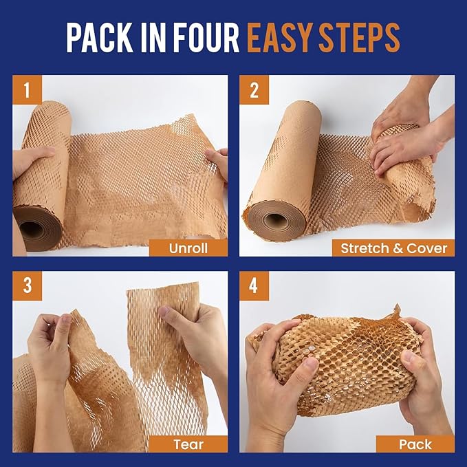 Honeycomb Packing Paper 12" x 55ft with Rope & 20 Fragile Stickers|Shipping & Moving Supplies|Small Business Packaging Supplies|Eco Friendly Bubble Wrap Packing Boxes for Moving Certified FSC C204227