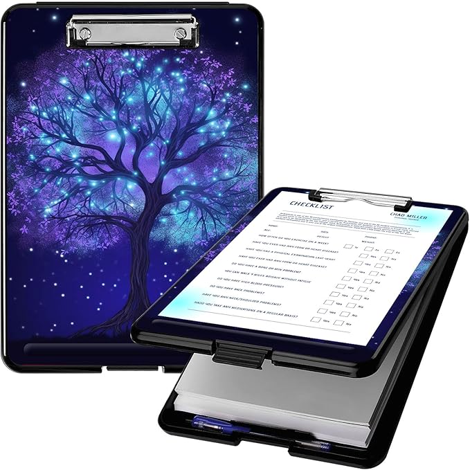 Clipboard with Storage, High Capacity Plastic Storage Clipboard with Pen Holder for Women Teachers Work, School & Office Supplies, Cute Pattern Decorative Clipboards, Fluorescent Tree
