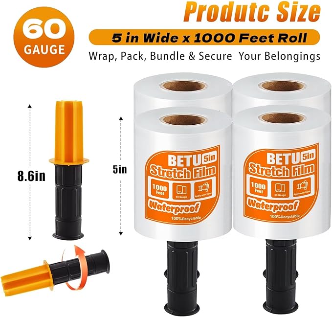 Stretch Film Shrink Wrap for Moving Supplies (5inch, 4 Pack) x 1000ft, Industrial Strength Plastic Wrap Stretch Roll for Pallet Wrapping Shipping Moving Boxes Storage Furniture with Handles, Clear
