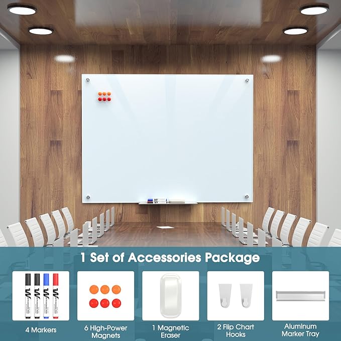 MaxGear Glass Whiteboard 48x36 Inches Wall Mounted, Magnetic White Board with 1 Eraser, 1 Accessory Tray, 4 Markers and 6 Magnets, Large Frameless Dry Erase Board for Office, School, Home