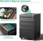 3-Drawer Mobile File Cabinet With Lock & Wheels,Fully Assembled Heavy Duty Under Desk File Cabinets For Home Office,100lbs Capacity Per Drawer,Steel Rolling Cabinet for Legal/Letter Files(Black)