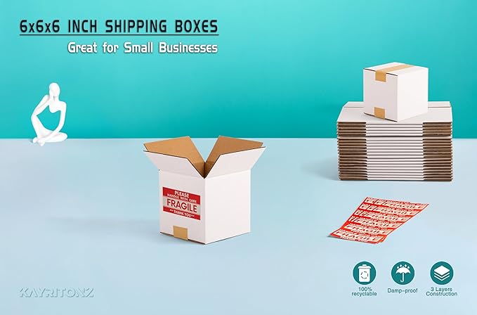 6x6x6 inch Small Shipping Boxes, White Corrugated Cardboard Boxes for E-Commerce, Mailing, Storage, Gifts Wrapping, 25 Pack