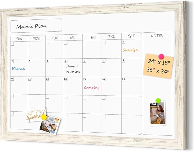 4 THOUGHT Whiteboard Calendar 24" x 18" Magnetic Dry Erase Board Wood Frame Wall-Mounted Monthly Planner White Board Decorative Notice Board for Office School Home, White Vintage
