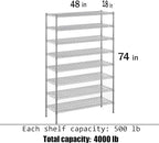 18" Deep x 48" Wide x 74" Height Wire Shelving Kit | 8-Tier | NSF Commercial Storage Rack Unit
