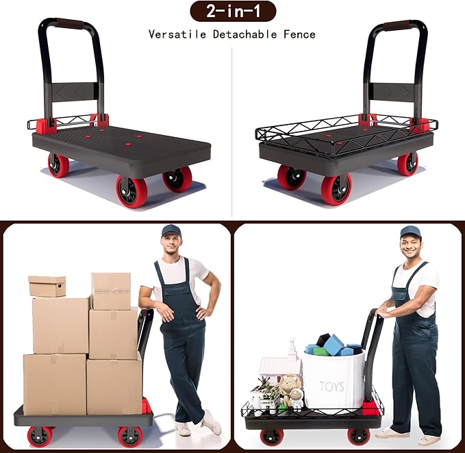 2IN1 Heavy Duty Platform Trucks Flatbed Carts, Push Cart Dolly 1760lbs Capacity Hand Trucks w/Detachable Solid Steel Wire Fence, 36×24 Collapsible Cage Cart Dolly, 5-Inch Silent TPR Wheels