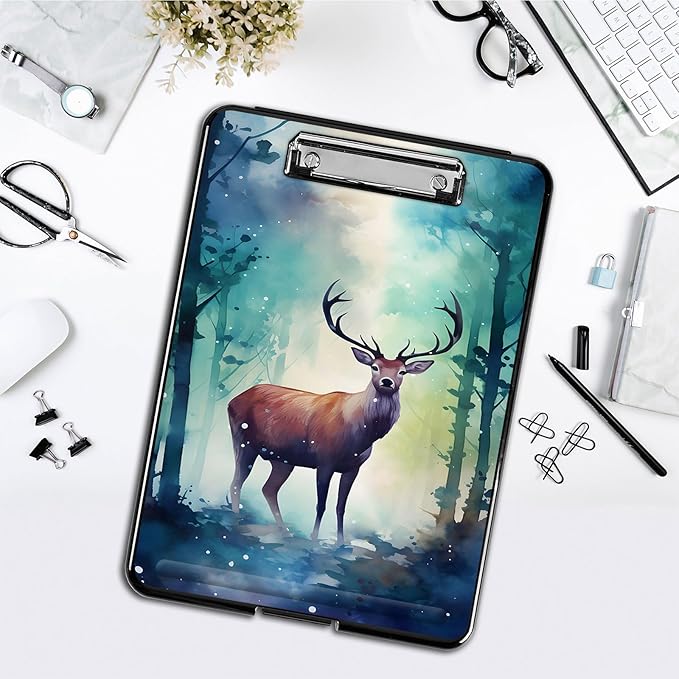 Clipboard with Storage,Office Supplies Nursing Clipboards Folder with Pen Holder Plastic Foldable Clip Board with Storage for Nurse Teacher,Watercolor Forest Deer