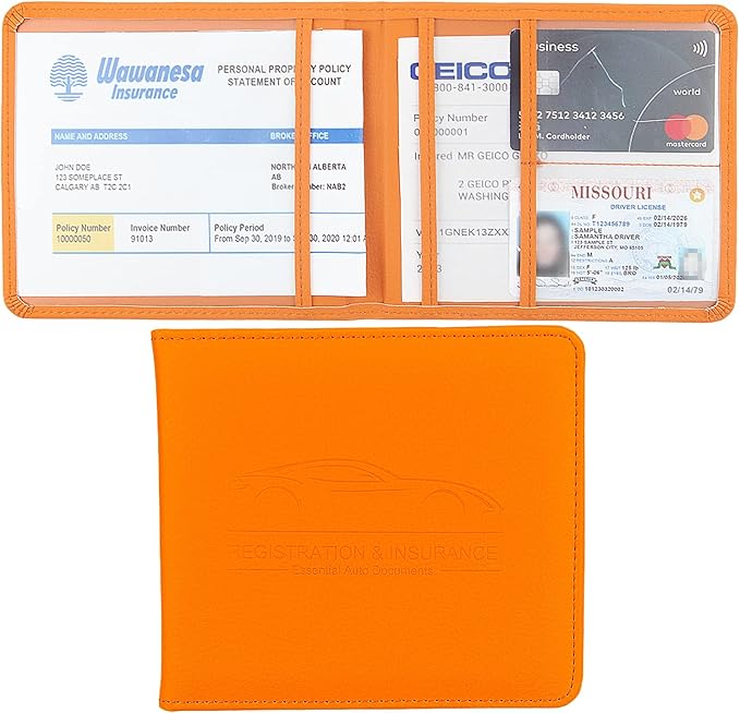 Car Registration and Insurance Holder, Premium Pu Leather Vehicle Glove Box Organizer - for Driver License, Cards & Essential Documents (S-Orange)