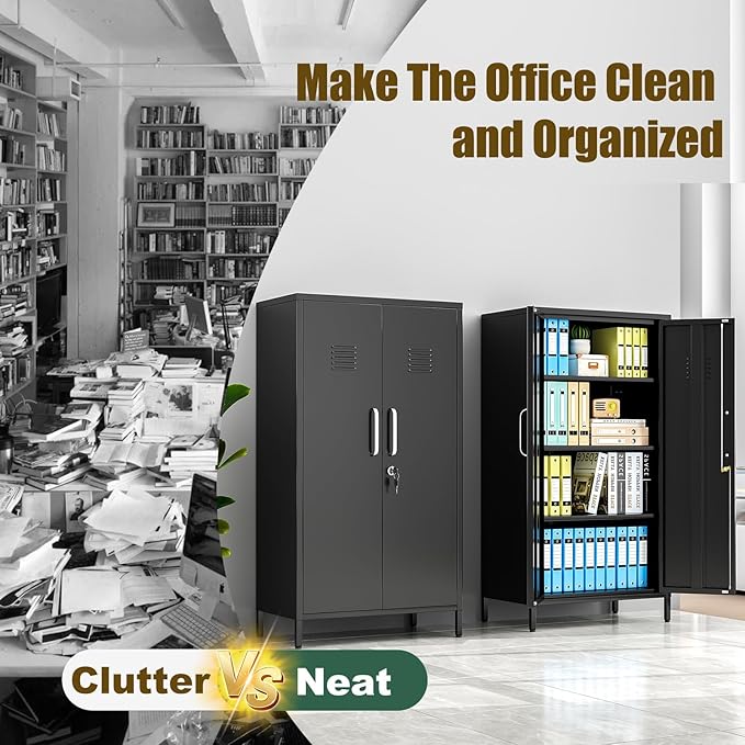 Metal Locker Cabinet, 27" W Bathroom Storage Cabinet, Vertical Steel Storage Cabinet with Locking Door and 3 Adjustable Shelves, Garage Tool File Lockers for Home Office, Garage, Bathroom, Black