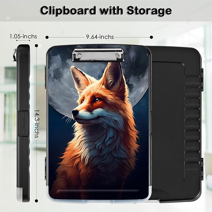 Clipboard with Storage,Office Supplies Nursing Clipboards Folder with Pen Holder Plastic Storage ClipBoard Foldable for Teacher Nurse,Fox and Moon