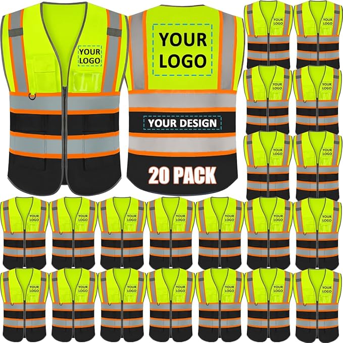 BeautyWill Custom Logo 10/20 Pack Safety Vest Class2 High Visibility Vest with Pockets Breathable Construction Vest Bulk