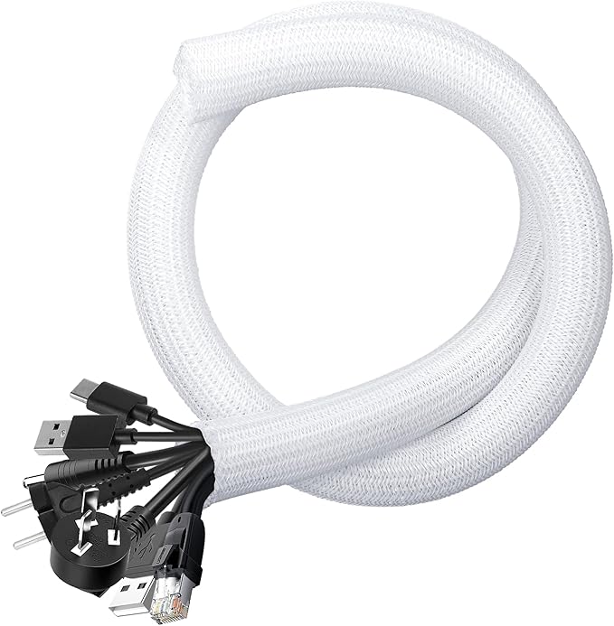 Cable Management Sleeves 1.2in - 2 Pack 4.1ft Split Braided Sleeve White, Hard PE Protectors From Pets, Wire Organizers, Flexible Wrap for Computer Cord Management