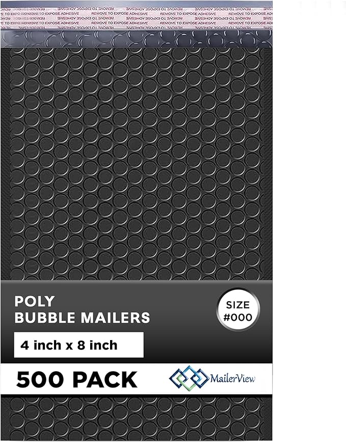 Black Small Bubble Mailers 4x8 Inch #000 | Thick Padded Poly Bubble Mailer Envelopes | 500 Pack Bulk | Trading Card Sports Card Shipping