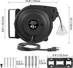 WILAWELS12 Gauge Retractable Extension Cord Reel, 45 FT 12AWG/3C SJTOW Heavy Duty Power Cord, 3 Grounded OutletsTriple Tap Cord Reel, Ceiling & Wall Mount, 15 Amp Circuit Breaker, UL Listed, H45CR06