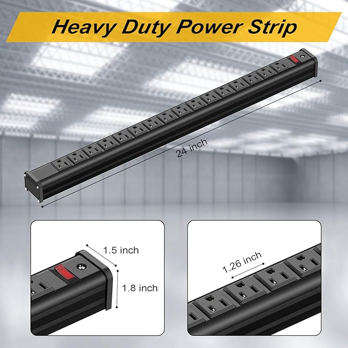 16 Outlets Long Power Strip Metal Wall Mount Power Strip 10 FT Heavy Duty Garage Workbench Workshop Bar Industrial Electric Strip Outlets, ETL (Black)