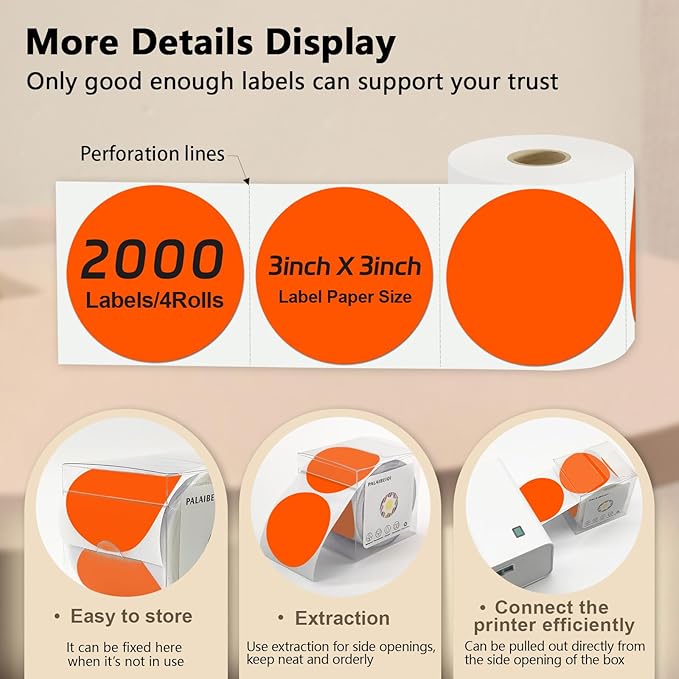 3 X 3 Inch Round Thermal Labels Circle Color Coding Labels Printable Waterproof 500PCS Round Stickers Adhesive Writable for Home, Garage, DIY Sticker, Barcodes,4 Rolls of Fluorescent Orange