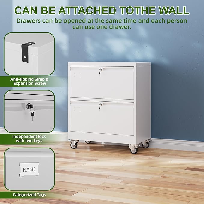 Aobabo 2 Drawer Lateral File Cabinet with Wheels, Lockable Metal Filing Cabinet for Home Office, Legal/Letter Size,White,Required Assembled,15.87" D x 28.94" W x 34" H