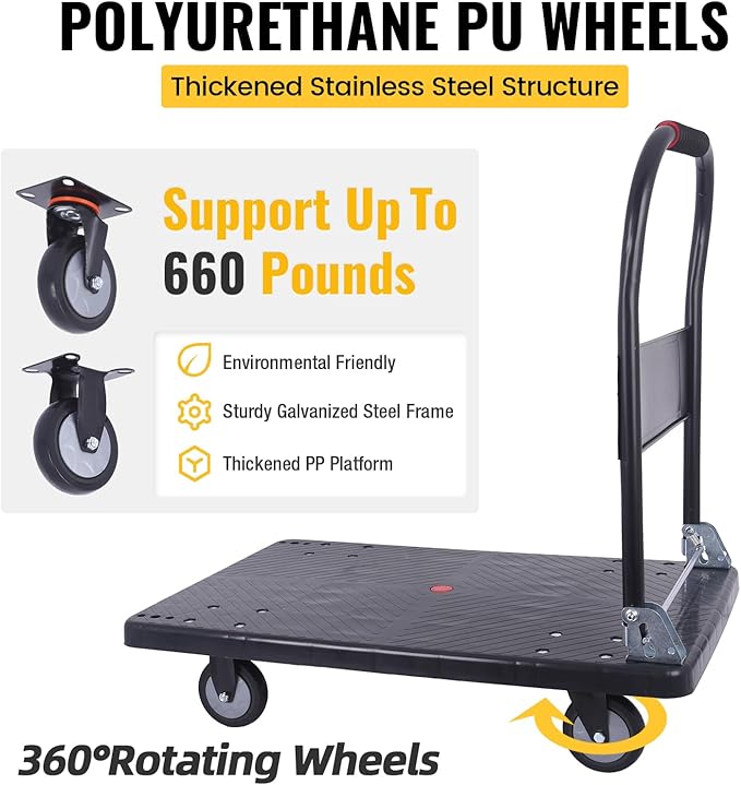 Hand Cart 660 lbs, Push Cart Dolly Black, Capacity Platform Truck Foldable Platform Cart Upgraded Heavy Duty Moving Cart with PU Wheels for Home Garden Warehouse Garage Workshops